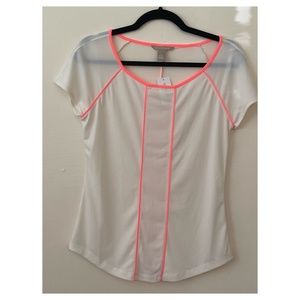 COPY - Banana Republic S | Cream and Neon Pink Sheer Short Sleeve Top